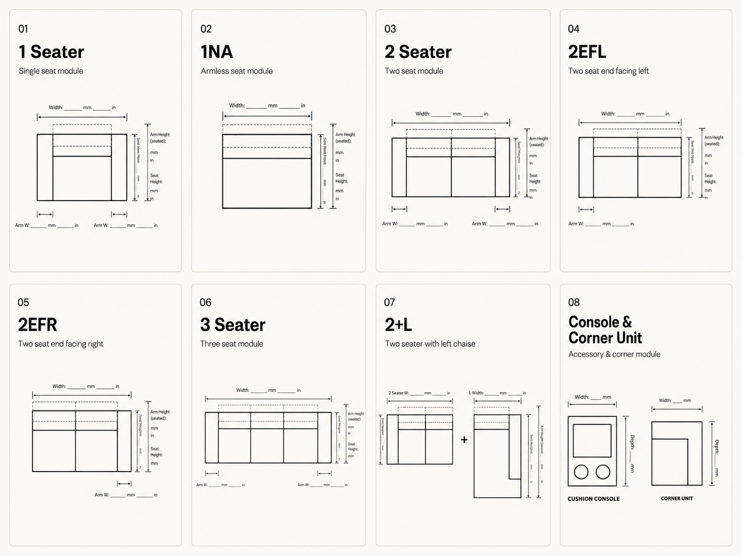 Eight supported sofa dimension configurations