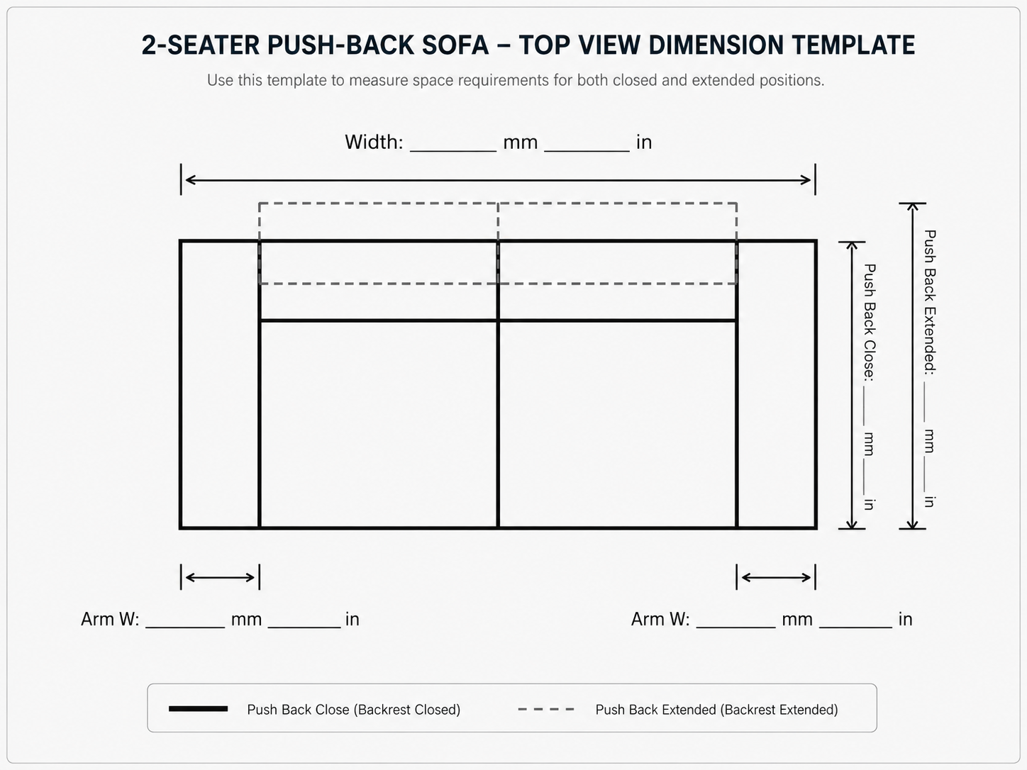 Push-back sofa top view template showing closed and extended positions