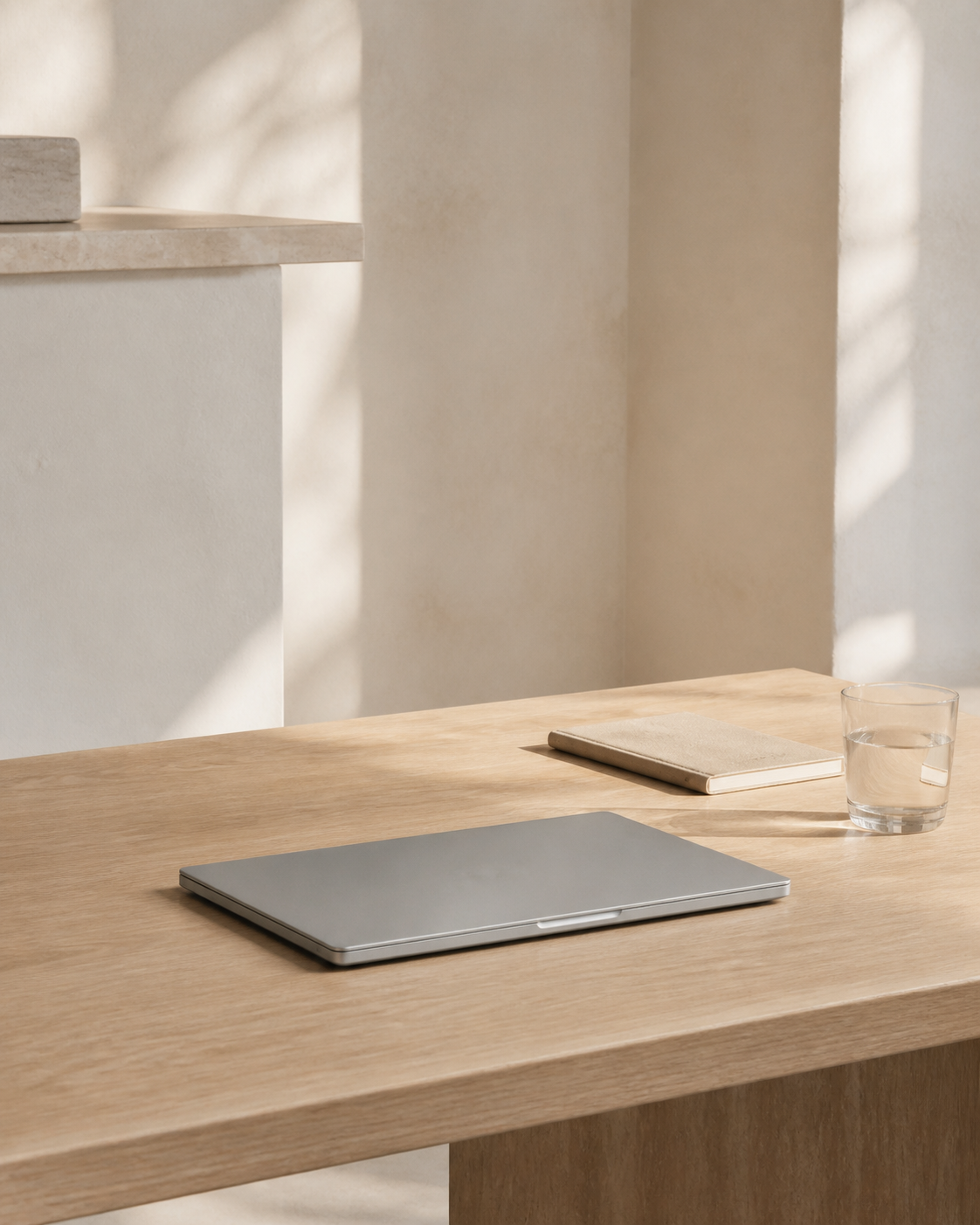 A quiet sunlit workspace with a closed silver laptop on a pale oak desk